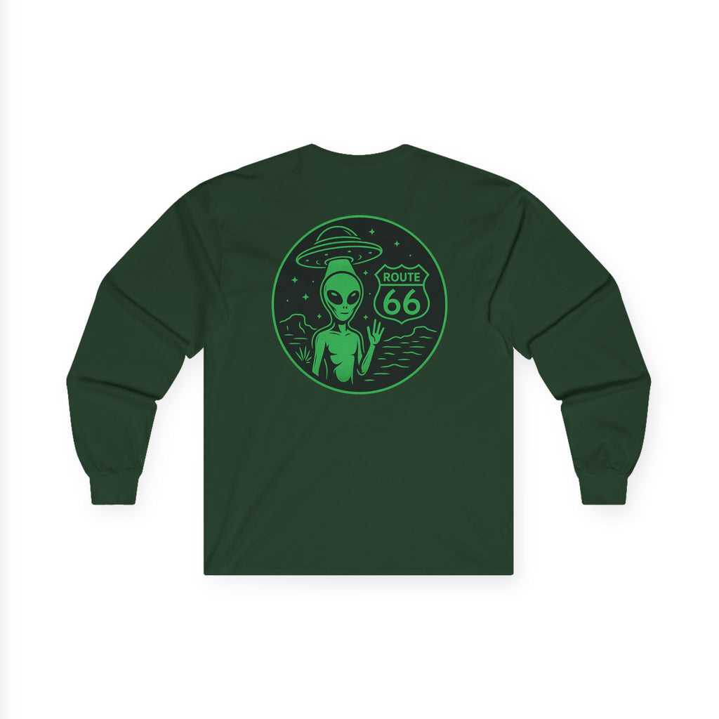 Alien Route 66 Unisex Long Sleeve Tee, Cute UFO Shirt, Retro Travel Fashion, Gift for Sci-Fi Lovers, Vintage Alien Apparel