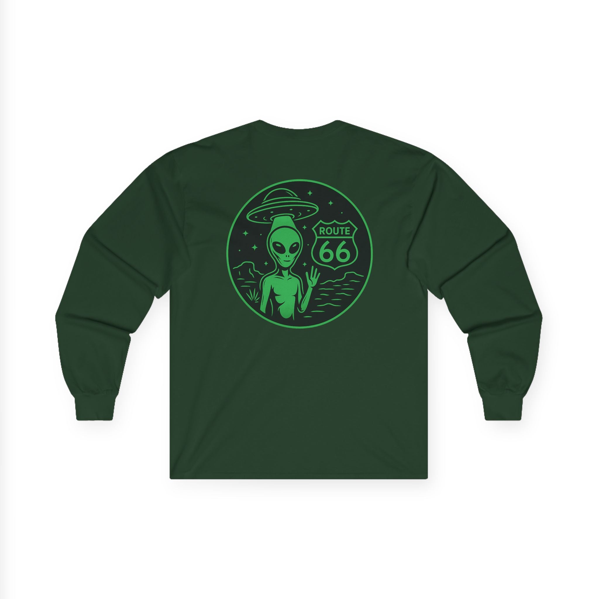 Alien Route 66 Unisex Long Sleeve Tee, Cute UFO Shirt, Retro Travel Fashion, Gift for Sci-Fi Lovers, Vintage Alien Apparel