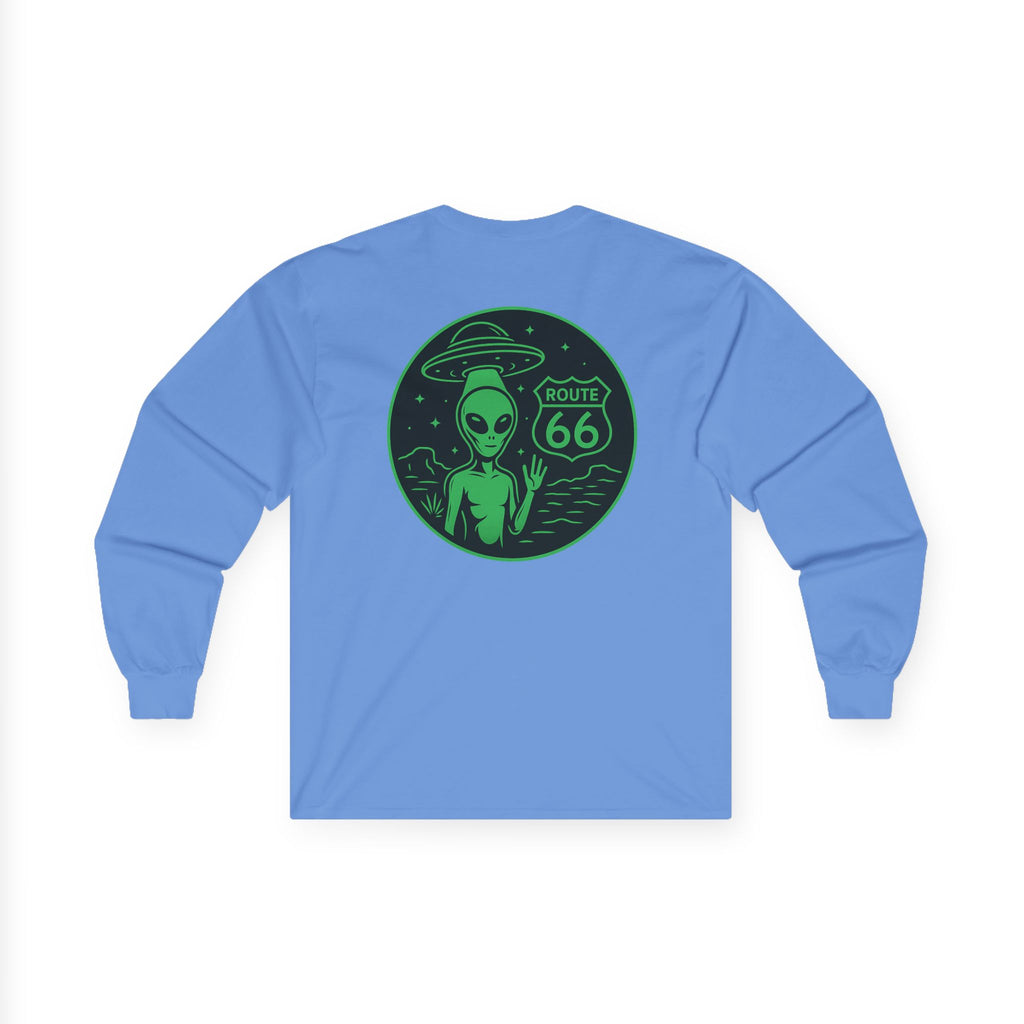 Alien Route 66 Unisex Long Sleeve Tee, Cute UFO Shirt, Retro Travel Fashion, Gift for Sci-Fi Lovers, Vintage Alien Apparel