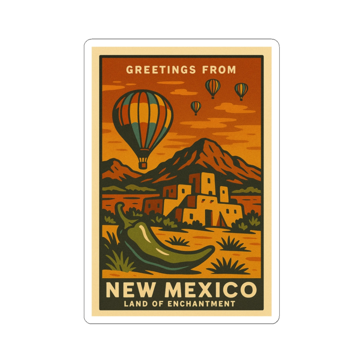 Greetings From New Mexico sticker | Hot Air Balloon, Pueblo, Desert Landscape