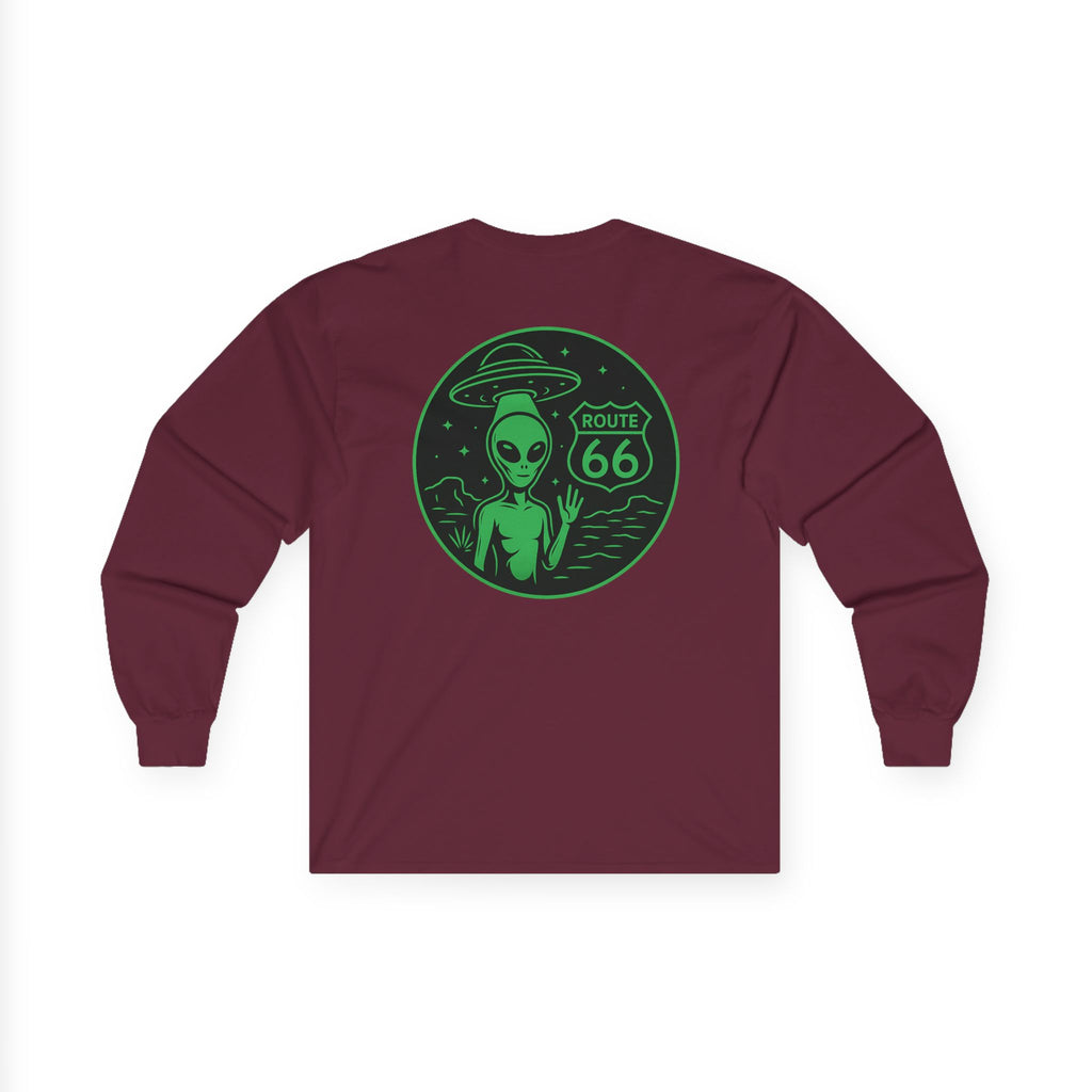 Alien Route 66 Unisex Long Sleeve Tee, Cute UFO Shirt, Retro Travel Fashion, Gift for Sci-Fi Lovers, Vintage Alien Apparel