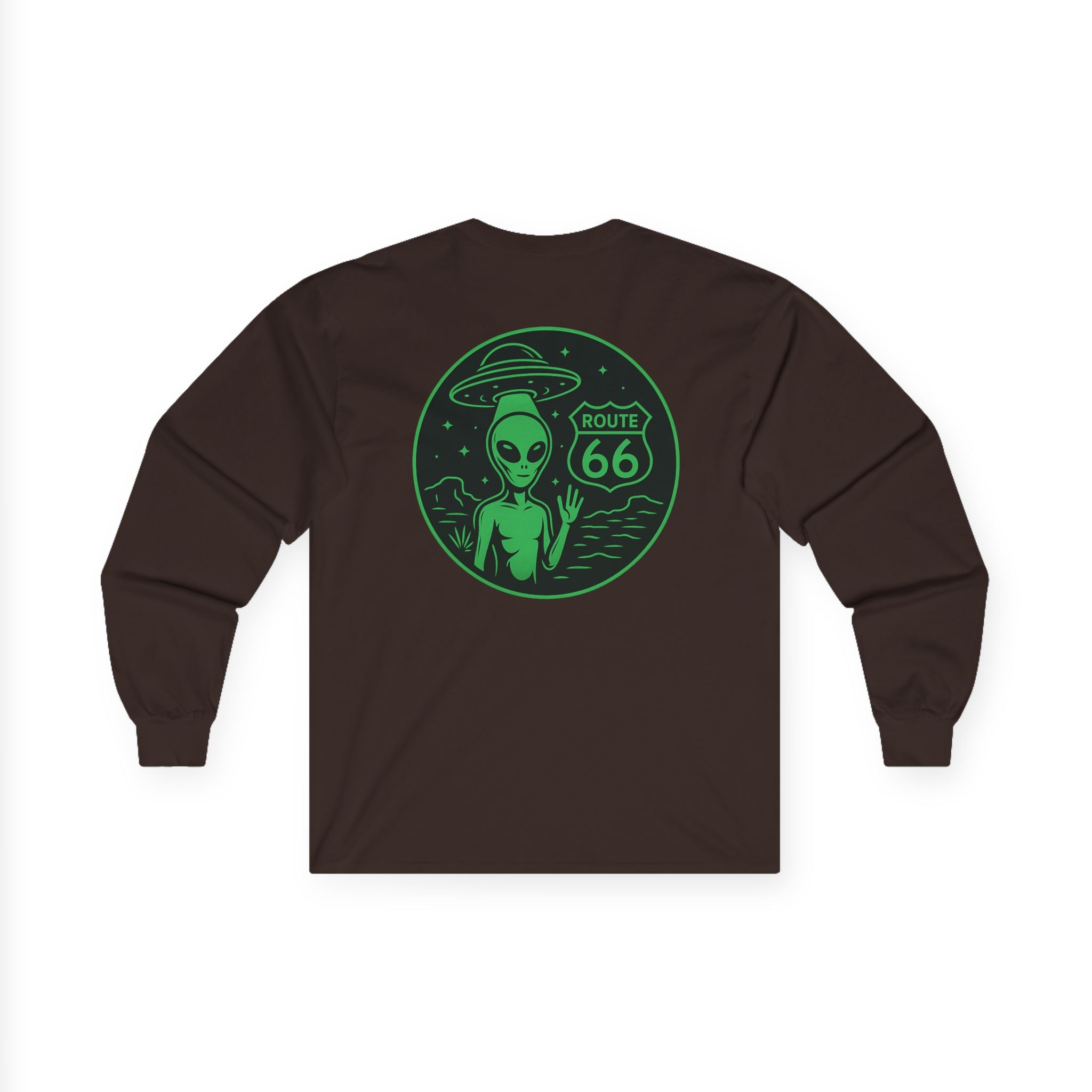 Alien Route 66 Unisex Long Sleeve Tee, Cute UFO Shirt, Retro Travel Fashion, Gift for Sci-Fi Lovers, Vintage Alien Apparel
