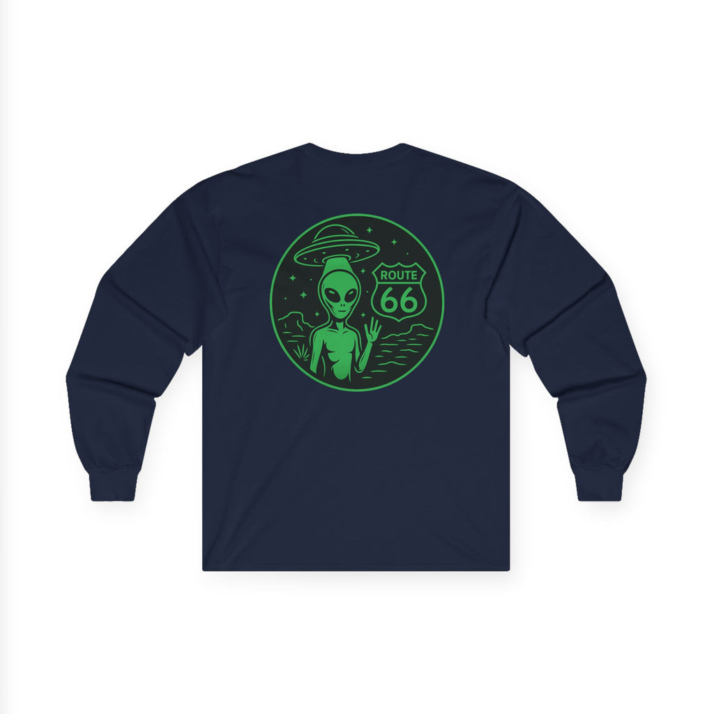 Alien Route 66 Unisex Long Sleeve Tee, Cute UFO Shirt, Retro Travel Fashion, Gift for Sci-Fi Lovers, Vintage Alien Apparel