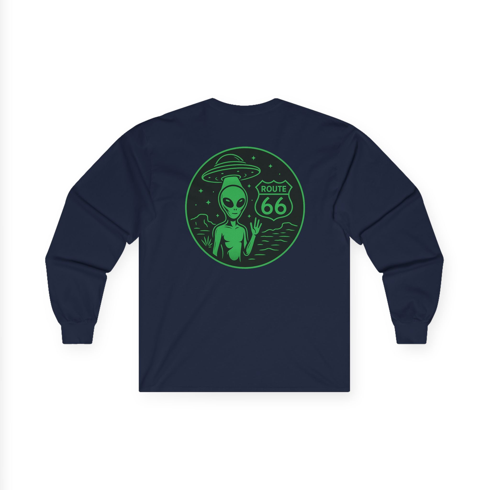 Alien Route 66 Unisex Long Sleeve Tee, Cute UFO Shirt, Retro Travel Fashion, Gift for Sci-Fi Lovers, Vintage Alien Apparel