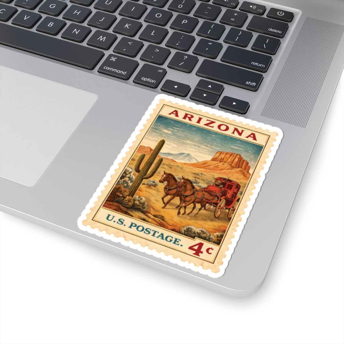 Arizona Vintage Postage Stamp Sticker, Kiss-Cut Sticker | Desert Stagecoach Design