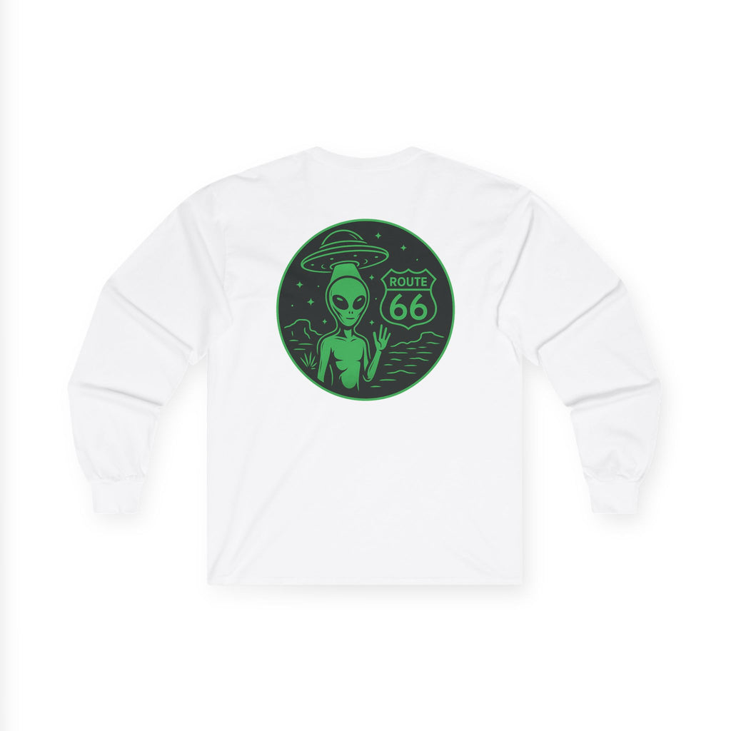 Alien Route 66 Unisex Long Sleeve Tee, Cute UFO Shirt, Retro Travel Fashion, Gift for Sci-Fi Lovers, Vintage Alien Apparel