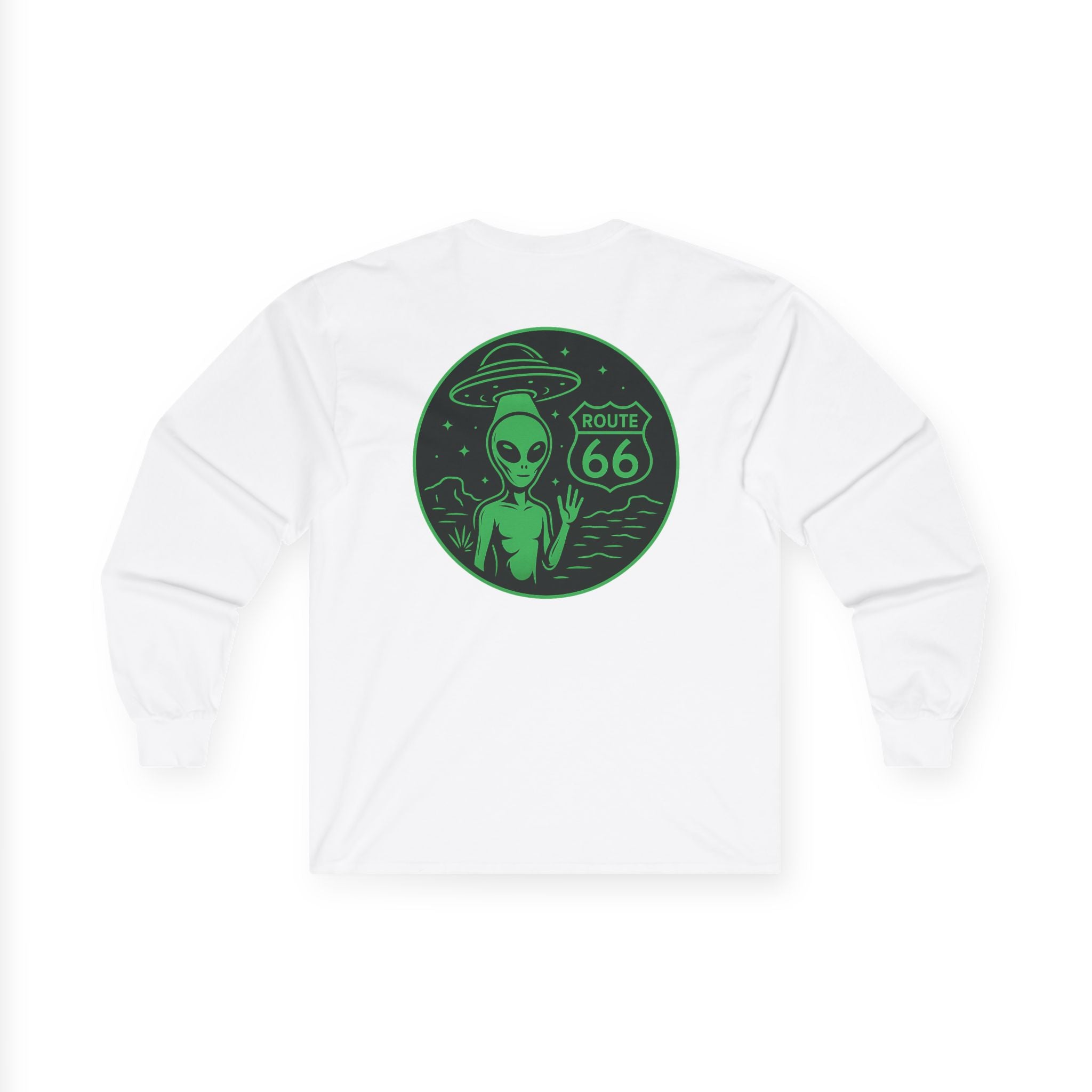 Alien Route 66 Unisex Long Sleeve Tee, Cute UFO Shirt, Retro Travel Fashion, Gift for Sci-Fi Lovers, Vintage Alien Apparel