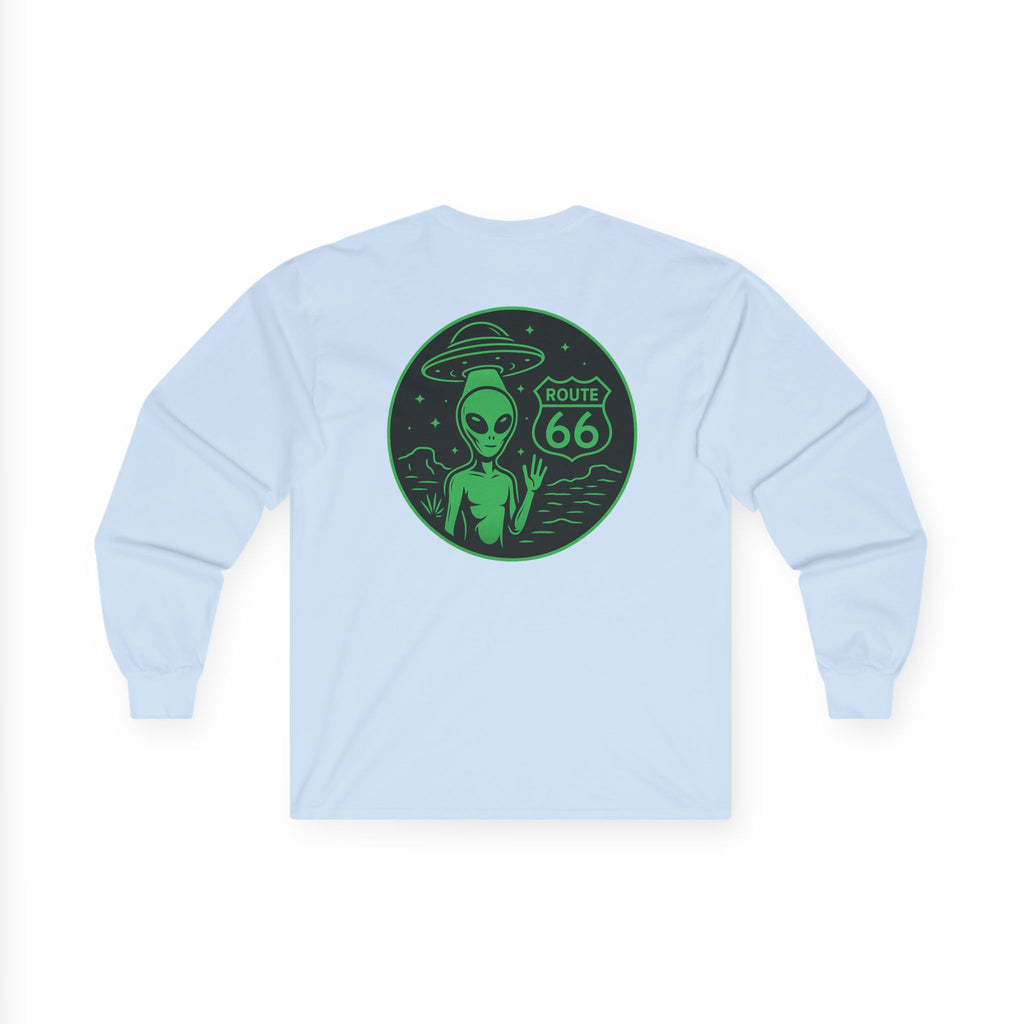 Alien Route 66 Unisex Long Sleeve Tee, Cute UFO Shirt, Retro Travel Fashion, Gift for Sci-Fi Lovers, Vintage Alien Apparel