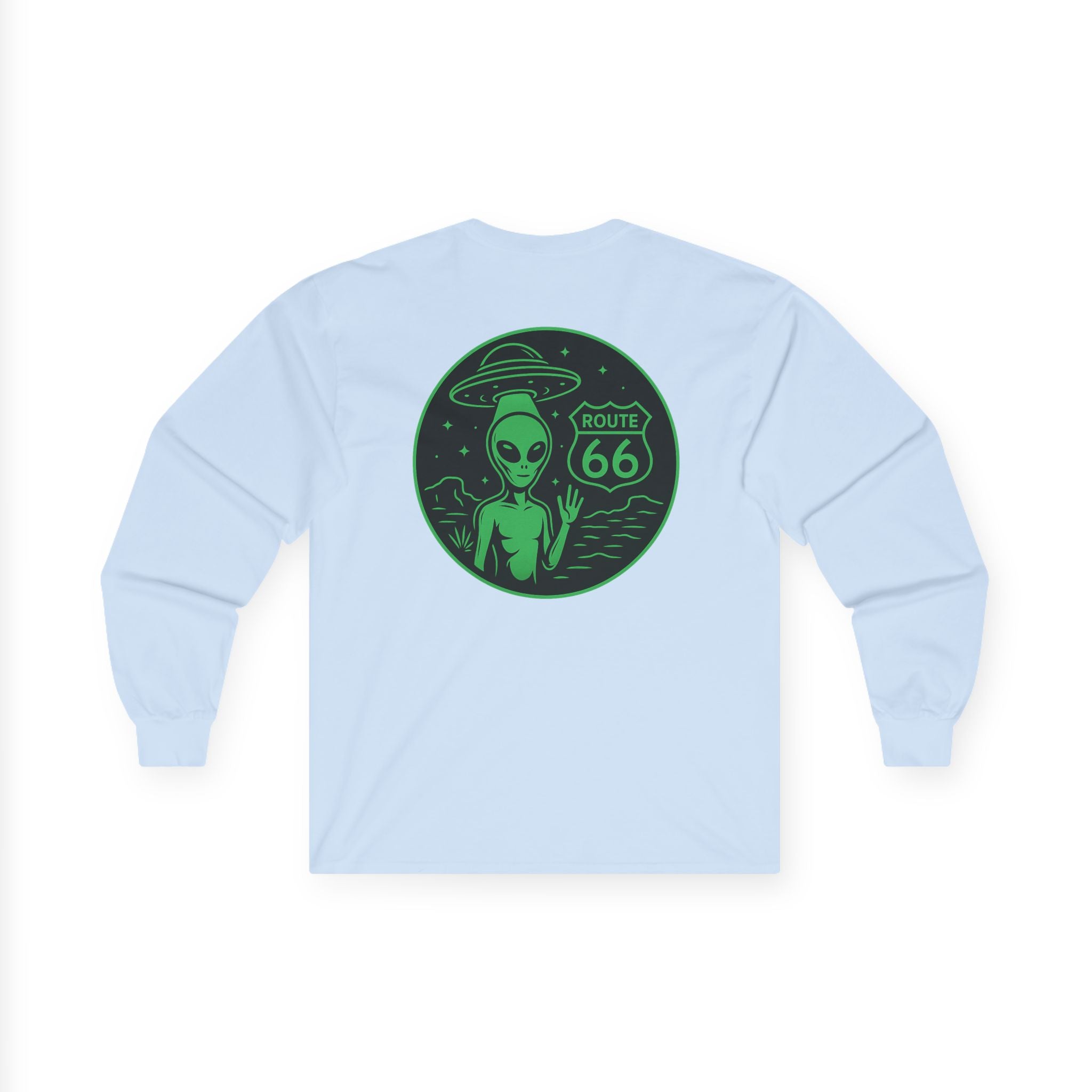 Alien Route 66 Unisex Long Sleeve Tee, Cute UFO Shirt, Retro Travel Fashion, Gift for Sci-Fi Lovers, Vintage Alien Apparel