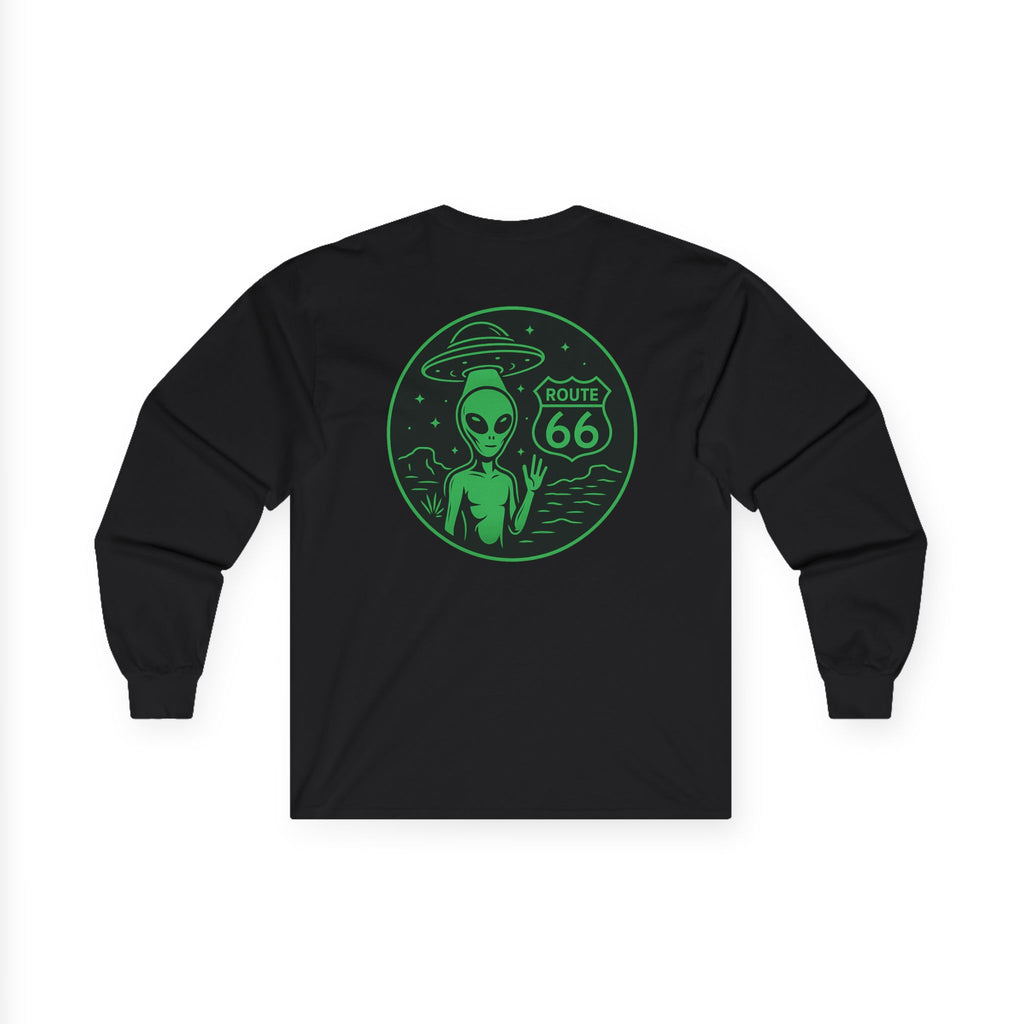 Alien Route 66 Unisex Long Sleeve Tee, Cute UFO Shirt, Retro Travel Fashion, Gift for Sci-Fi Lovers, Vintage Alien Apparel