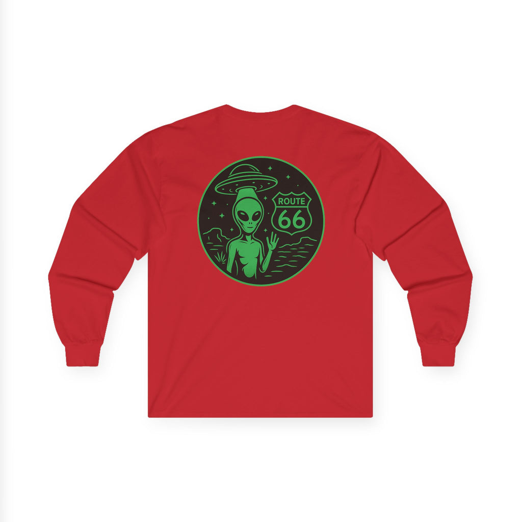 Alien Route 66 Unisex Long Sleeve Tee, Cute UFO Shirt, Retro Travel Fashion, Gift for Sci-Fi Lovers, Vintage Alien Apparel