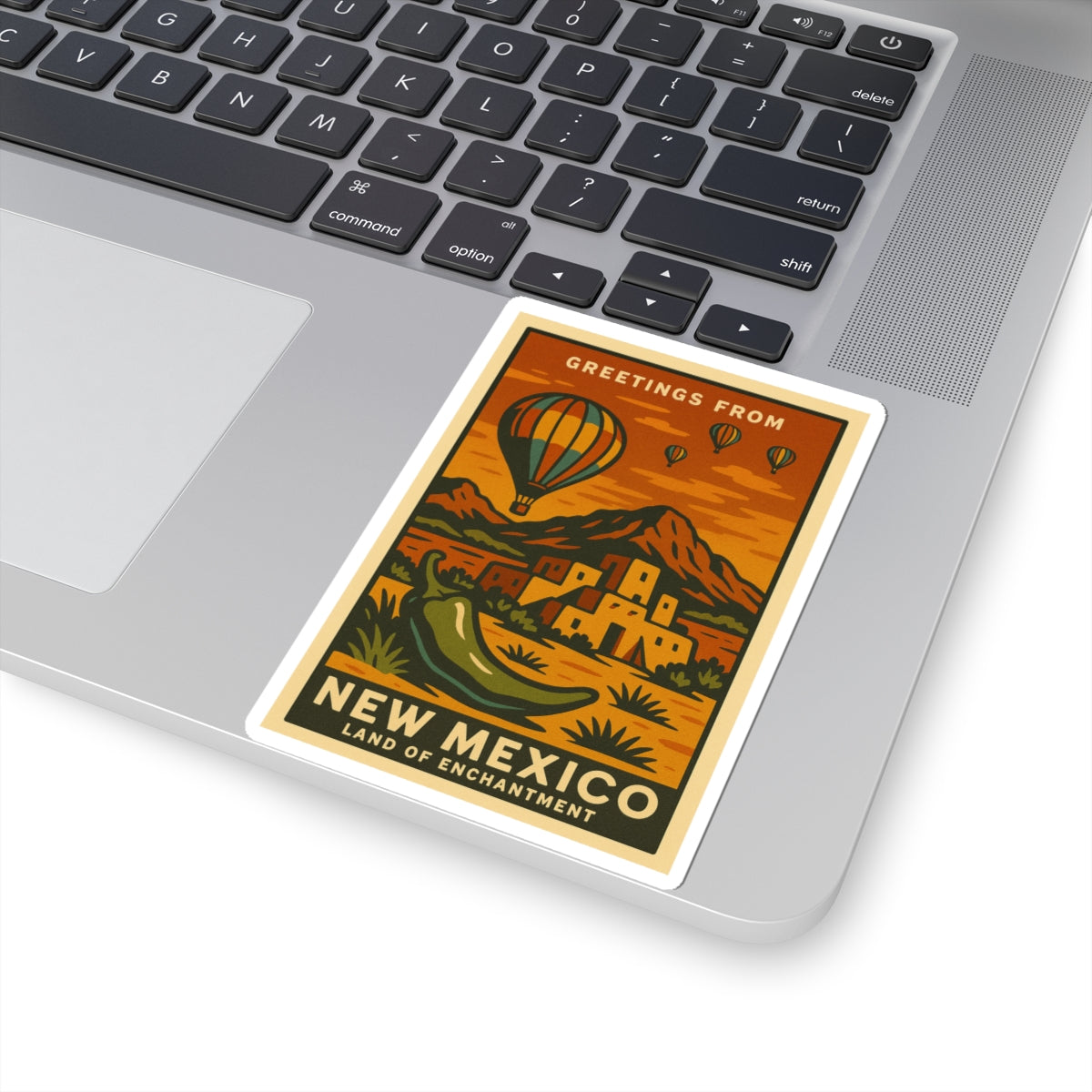 Greetings From New Mexico sticker | Hot Air Balloon, Pueblo, Desert Landscape