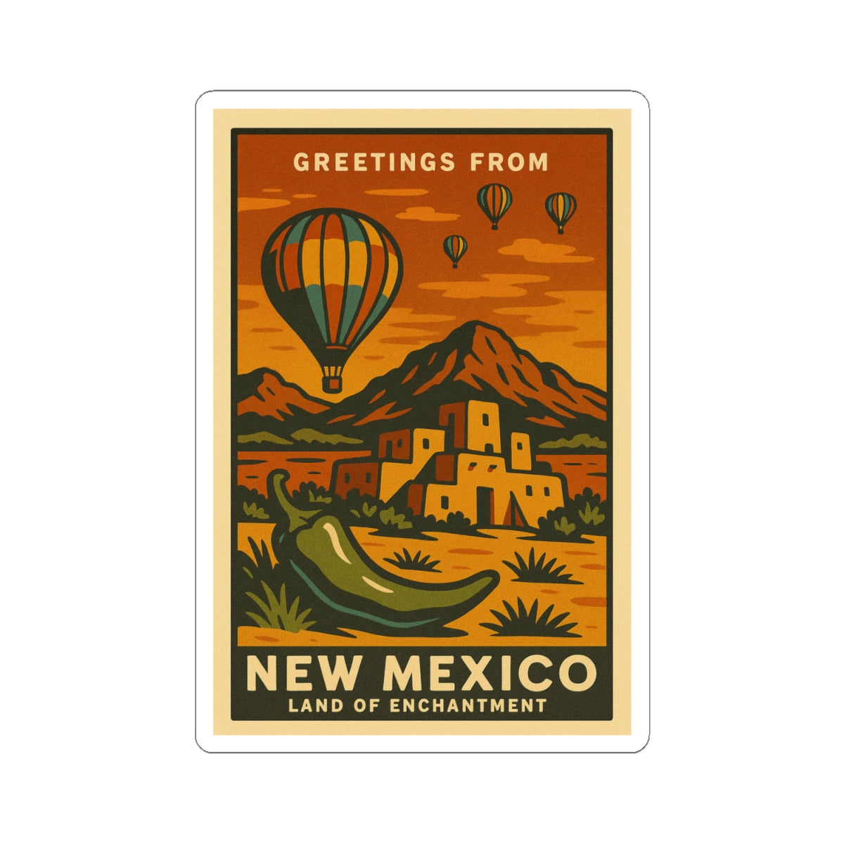 Greetings From New Mexico sticker | Hot Air Balloon, Pueblo, Desert Landscape