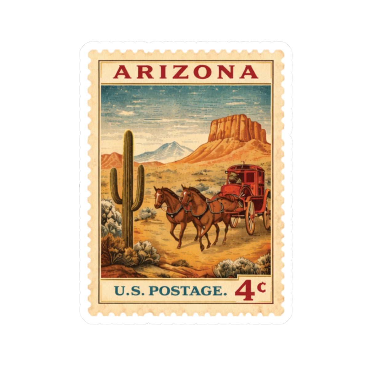 Arizona Vintage Postage Stamp Sticker, Kiss-Cut Sticker | Desert Stagecoach Design