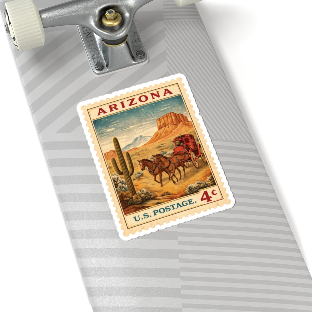 Arizona Vintage Postage Stamp Sticker, Kiss-Cut Sticker | Desert Stagecoach Design