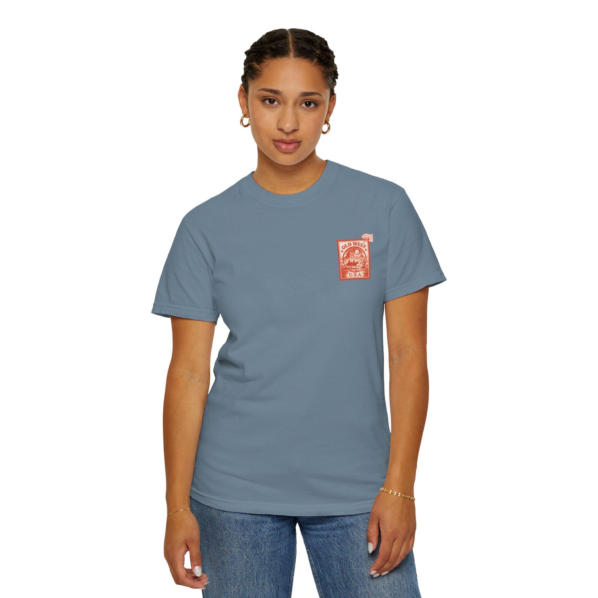 Vintage Old West Unisex T-Shirt, Cool Graphic Tee, Casual Wear, Travel Gift, Western Style Apparel, Unique Stamp Design