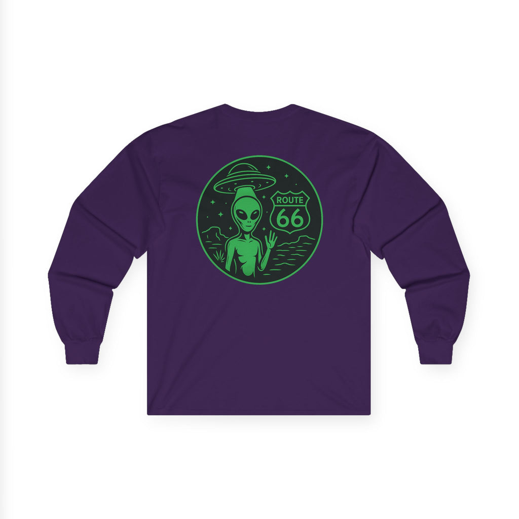Alien Route 66 Unisex Long Sleeve Tee, Cute UFO Shirt, Retro Travel Fashion, Gift for Sci-Fi Lovers, Vintage Alien Apparel