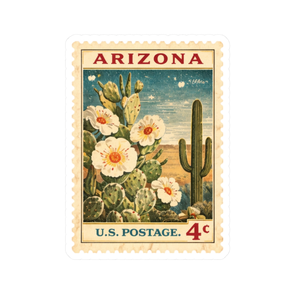 Arizona Cactus Bloom Sticker Kiss-Cut | Vintage Postage Stamp Style