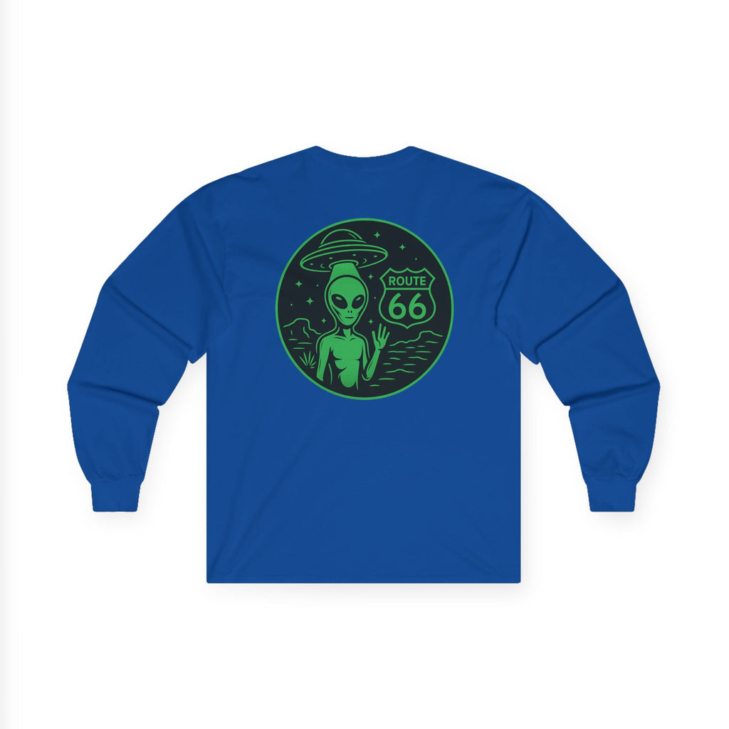 Alien Route 66 Unisex Long Sleeve Tee, Cute UFO Shirt, Retro Travel Fashion, Gift for Sci-Fi Lovers, Vintage Alien Apparel