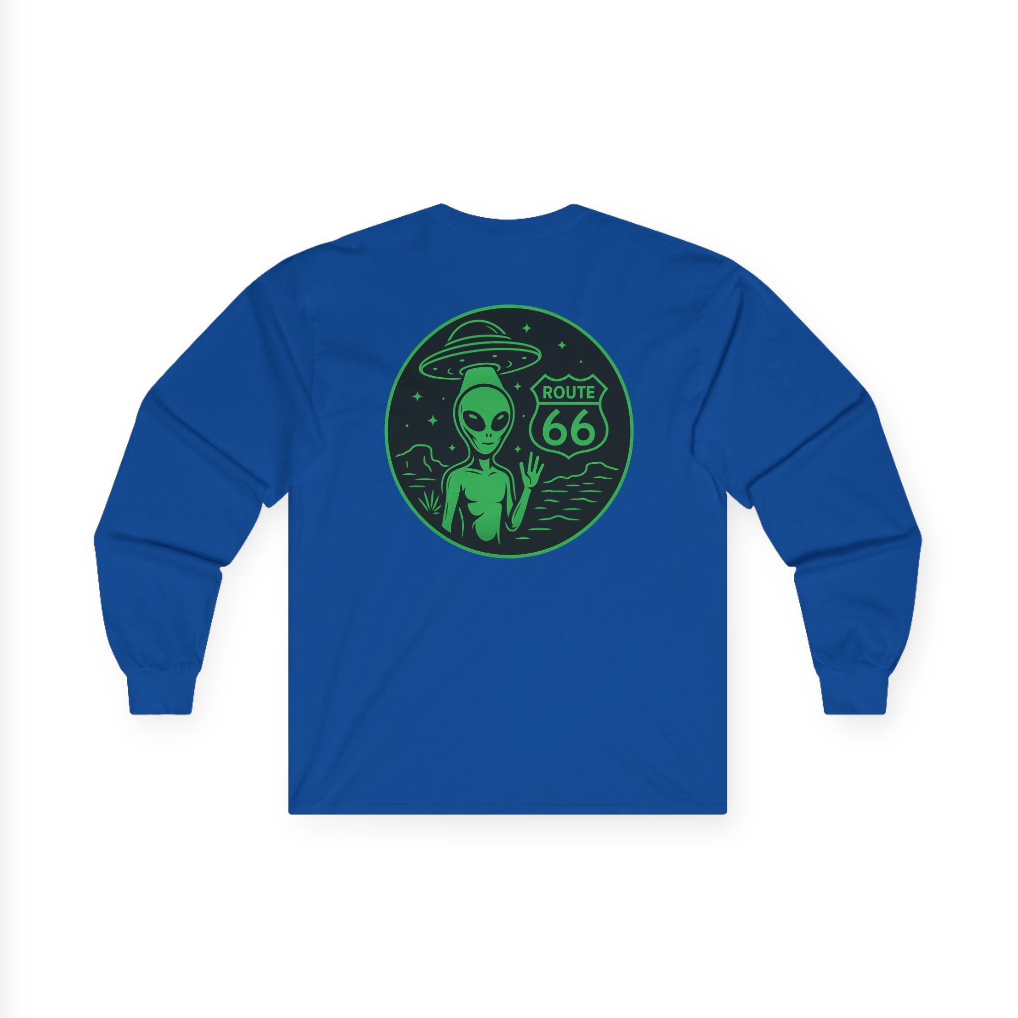 Alien Route 66 Unisex Long Sleeve Tee, Cute UFO Shirt, Retro Travel Fashion, Gift for Sci-Fi Lovers, Vintage Alien Apparel