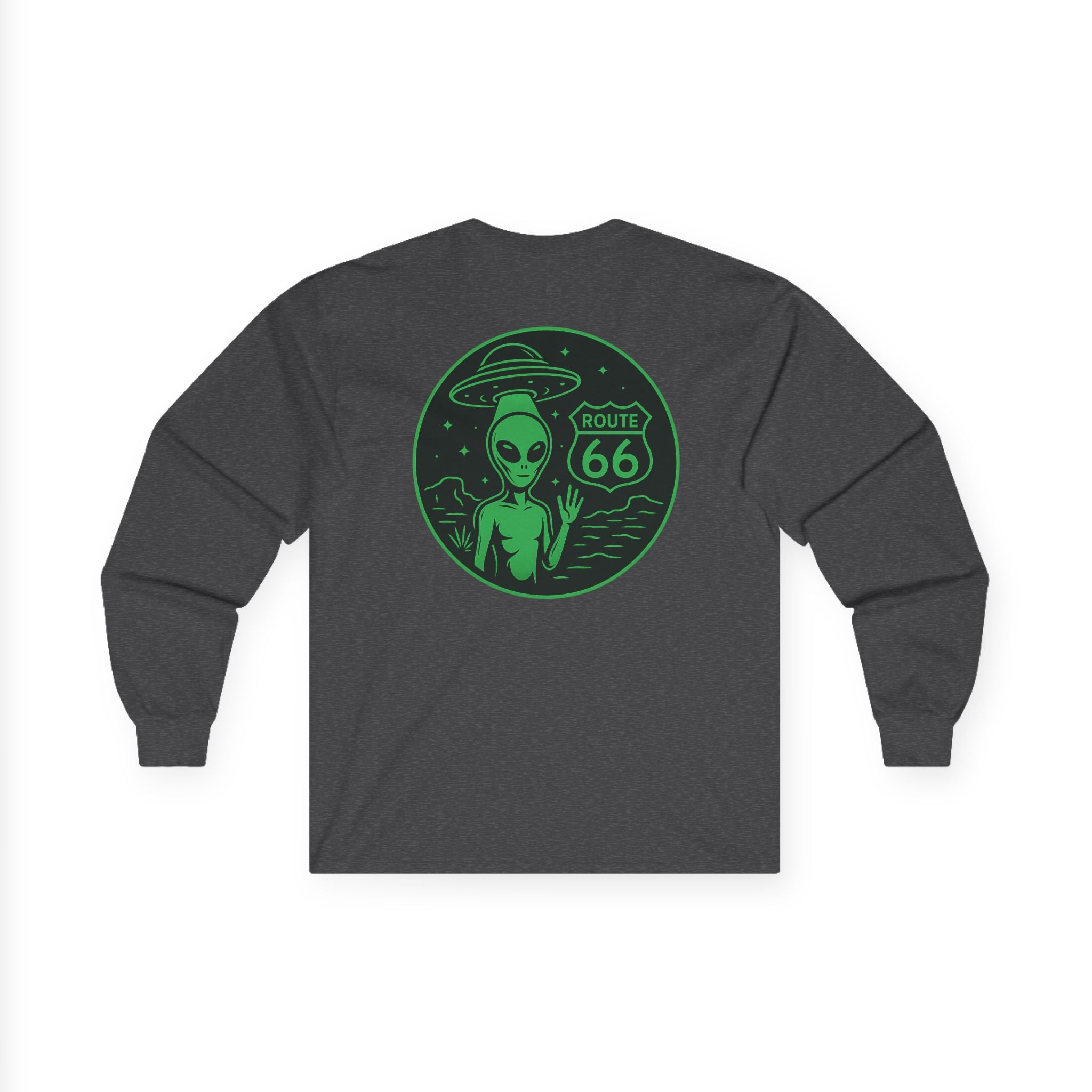 Alien Route 66 Unisex Long Sleeve Tee, Cute UFO Shirt, Retro Travel Fashion, Gift for Sci-Fi Lovers, Vintage Alien Apparel