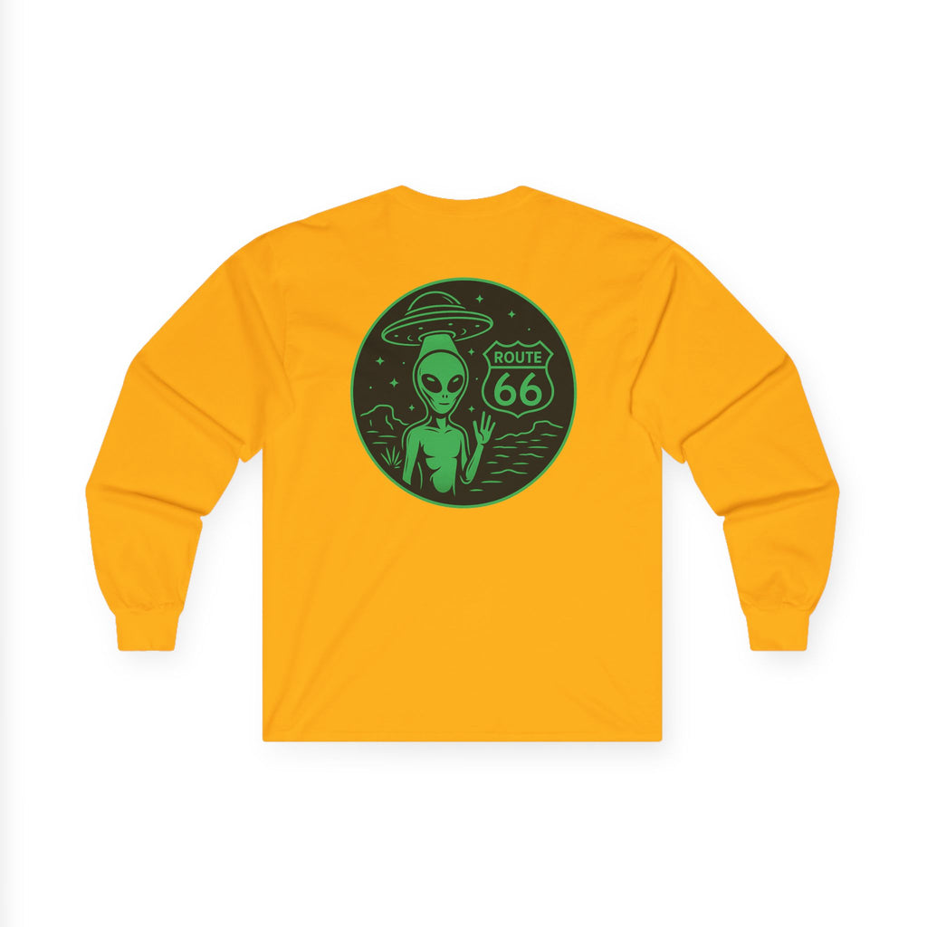 Alien Route 66 Unisex Long Sleeve Tee, Cute UFO Shirt, Retro Travel Fashion, Gift for Sci-Fi Lovers, Vintage Alien Apparel