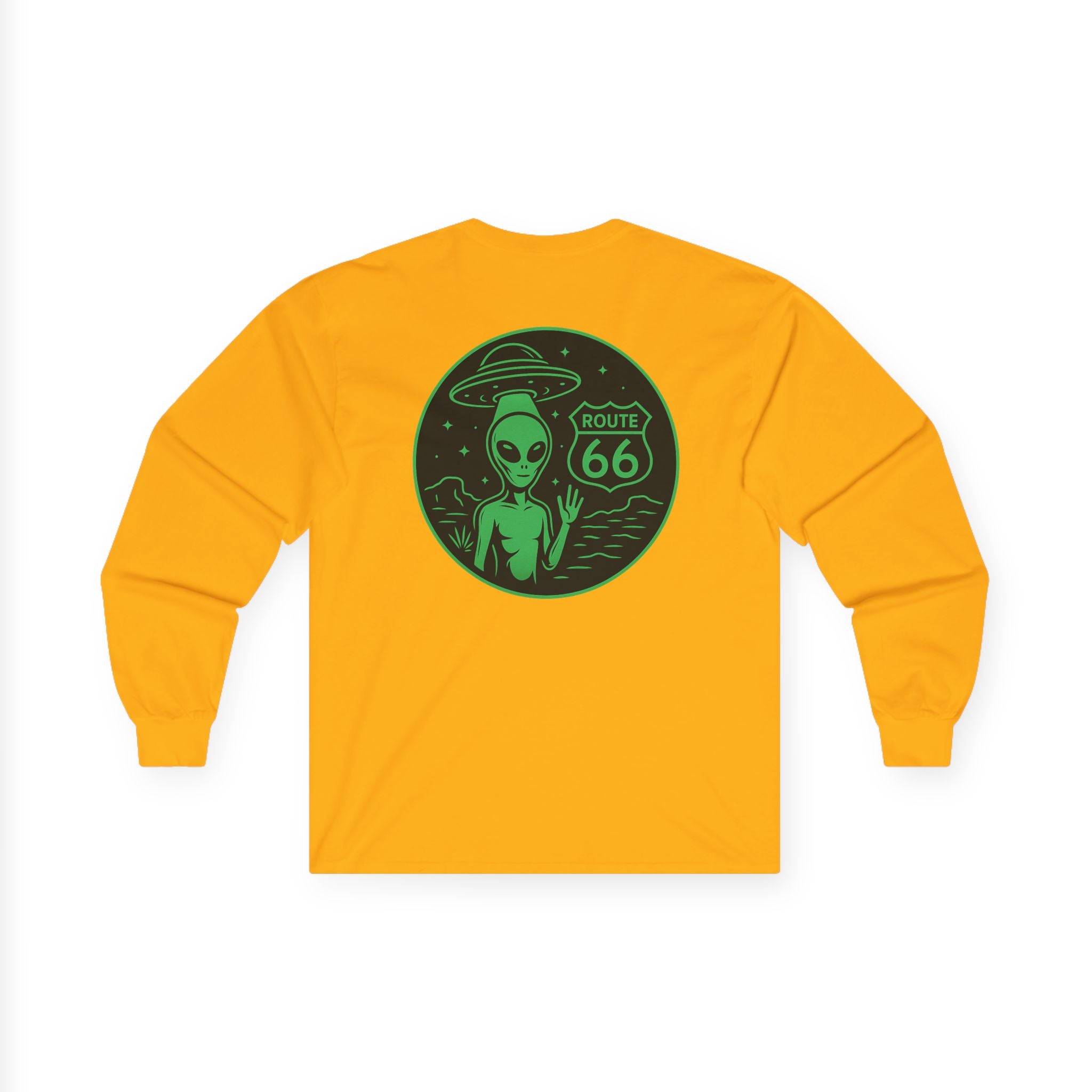 Alien Route 66 Unisex Long Sleeve Tee, Cute UFO Shirt, Retro Travel Fashion, Gift for Sci-Fi Lovers, Vintage Alien Apparel