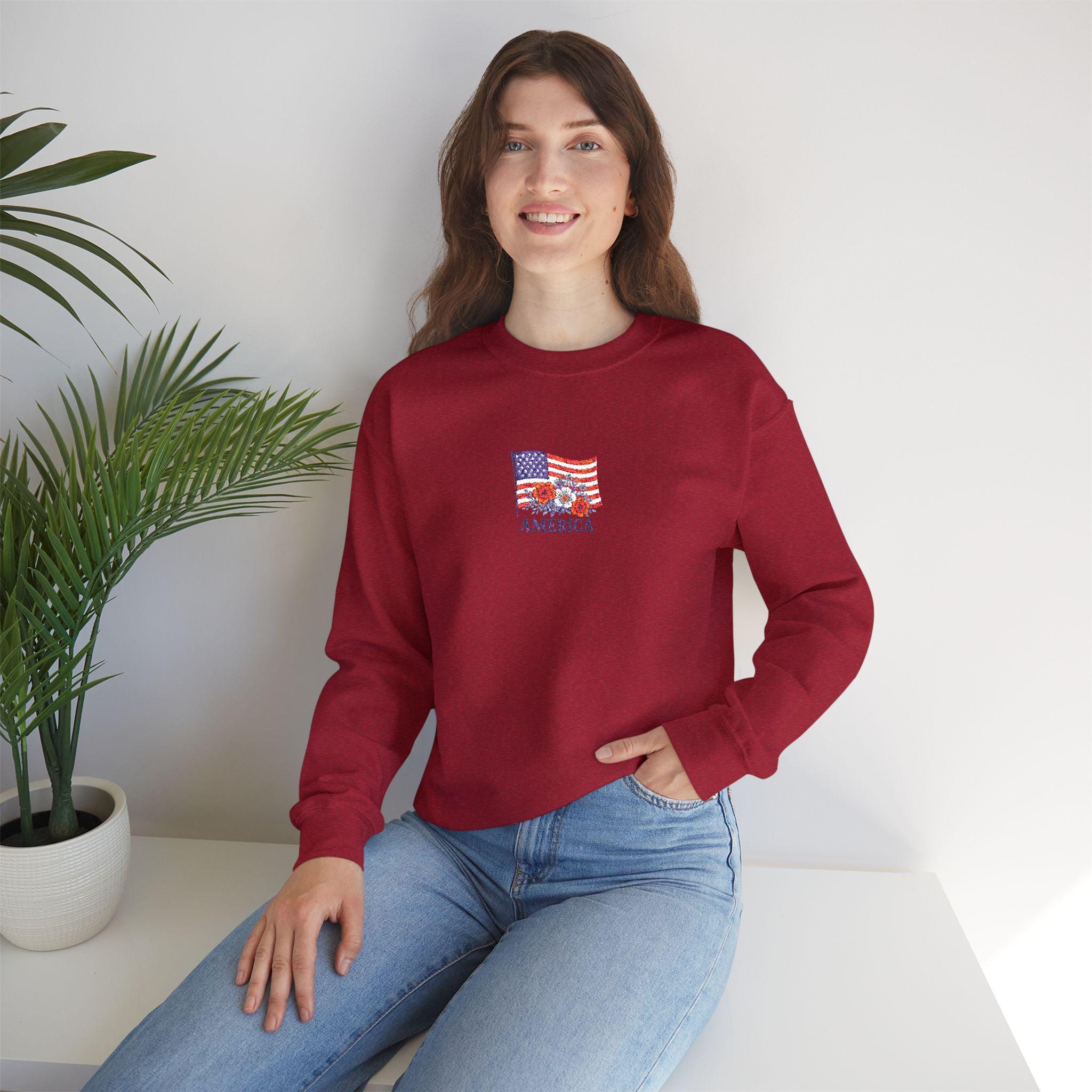 Embroidered USA Sweatshirt, Patriotic Crewneck Sweatshirt, Cozy, American Flag Design