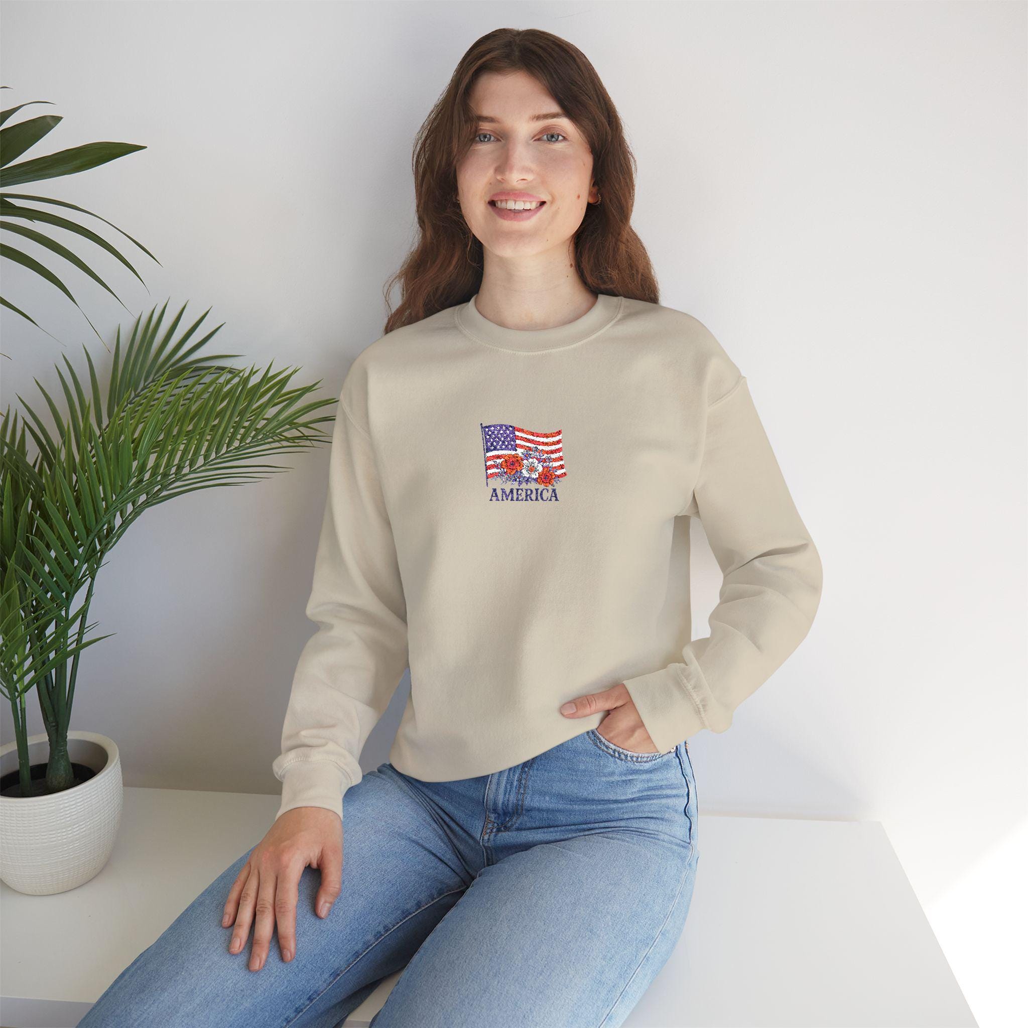 Embroidered USA Sweatshirt, Patriotic Crewneck Sweatshirt, Cozy, American Flag Design
