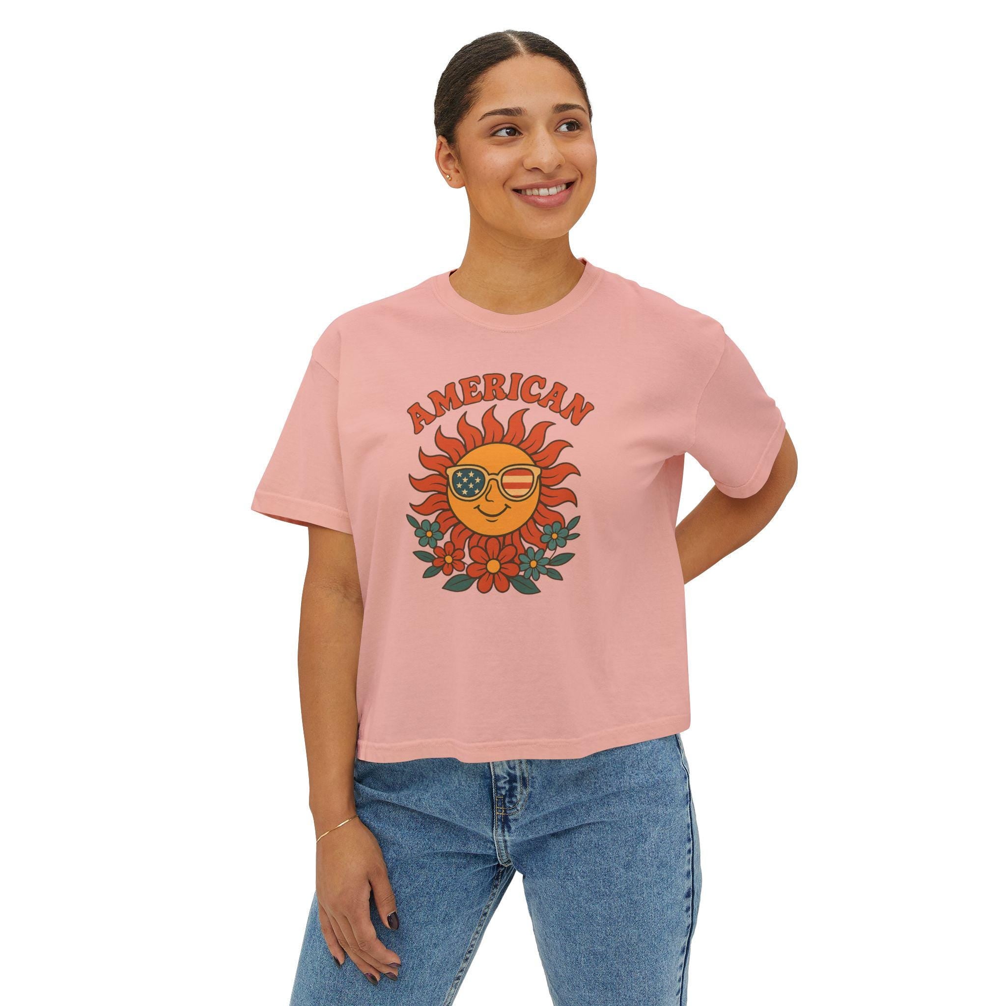 USA Women's Tee, Vintage American Graphic Women's Boxy Tee, Cute Summer Shirt, Festival Outfit, July 4th Apparel, USA t-shirt