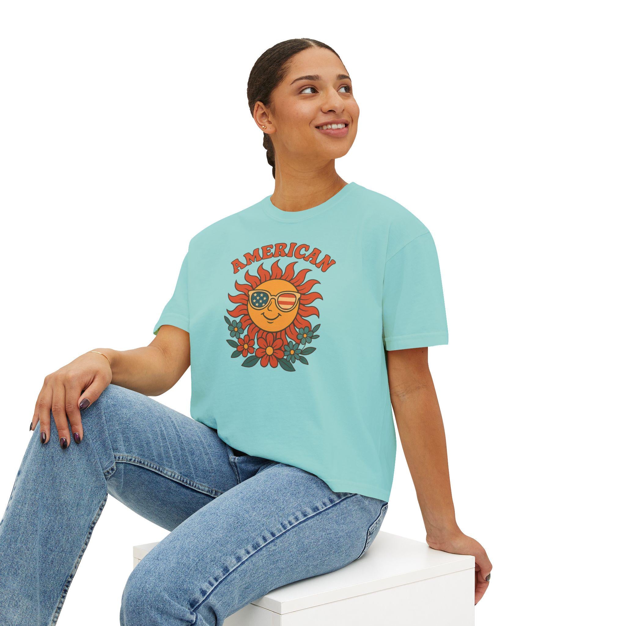 USA Women's Tee, Vintage American Graphic Women's Boxy Tee, Cute Summer Shirt, Festival Outfit, July 4th Apparel, USA t-shirt