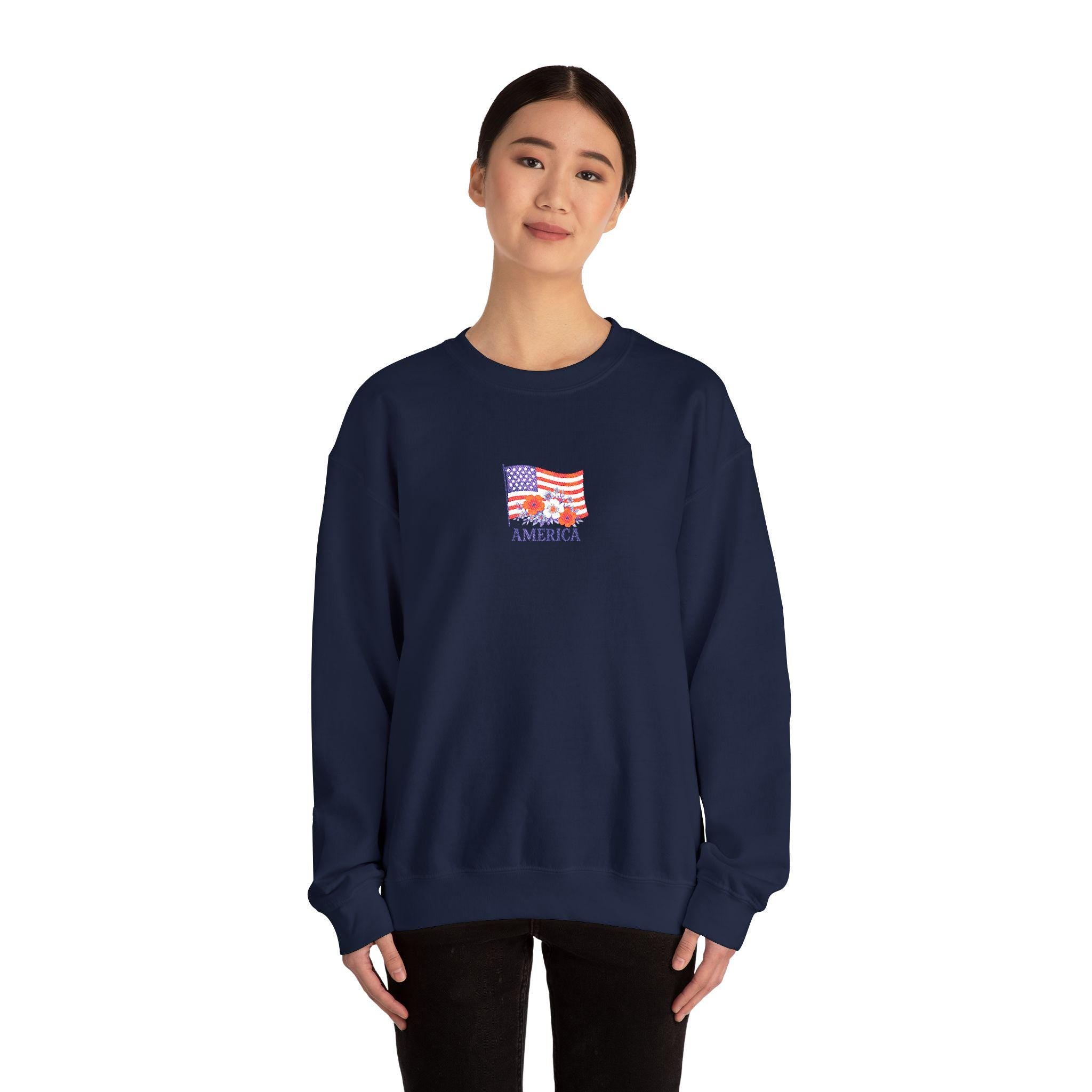 Embroidered USA Sweatshirt, Patriotic Crewneck Sweatshirt, Cozy, American Flag Design